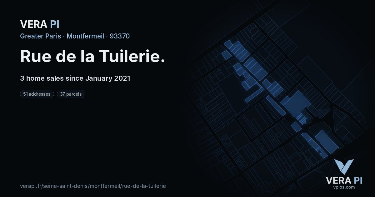 Rue de la Tuilerie, Montfermeil at night – every parcel coloured by the prices around it, the street's own parcels lit