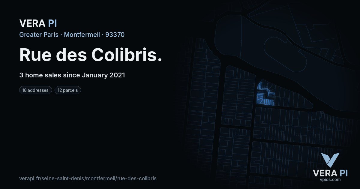 Rue des Colibris, Montfermeil at night – every parcel coloured by the prices around it, the street's own parcels lit
