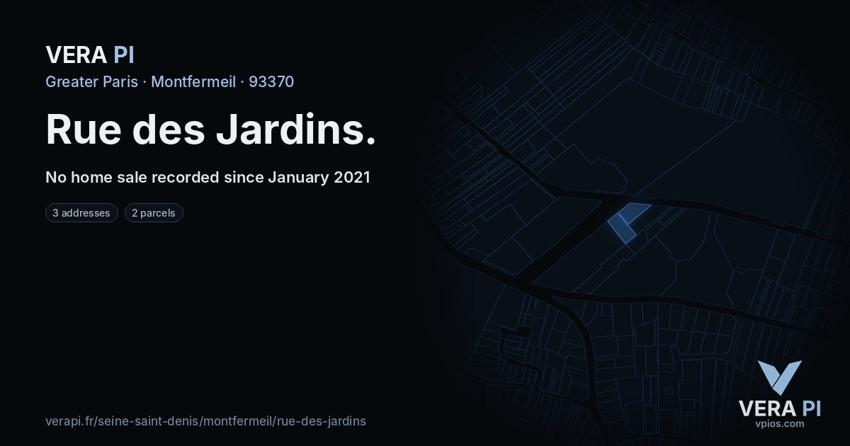 Rue des Jardins, Montfermeil at night – every parcel coloured by the prices around it, the street's own parcels lit