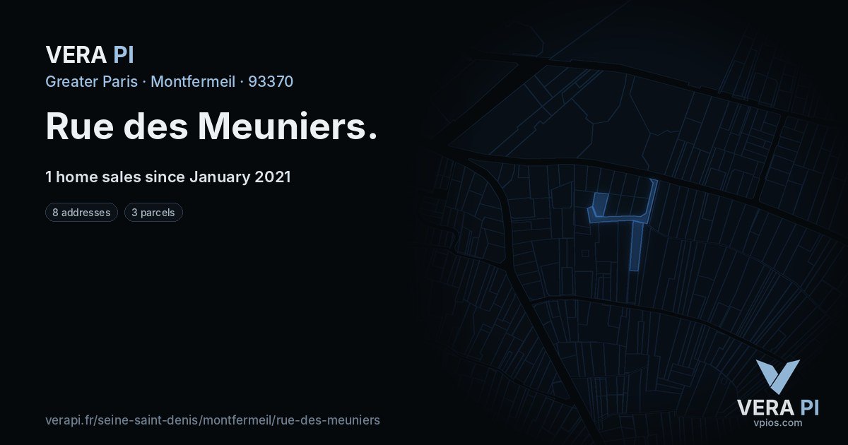 Rue des Meuniers, Montfermeil at night – every parcel coloured by the prices around it, the street's own parcels lit