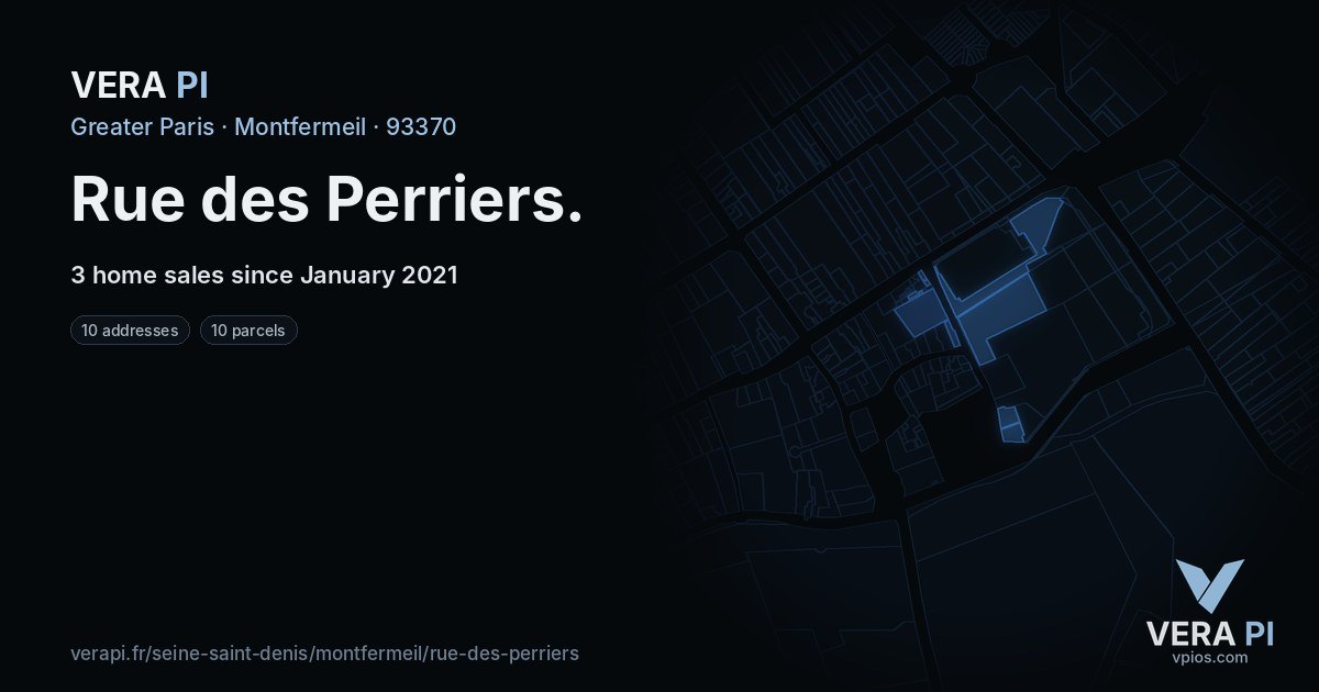 Rue des Perriers, Montfermeil at night – every parcel coloured by the prices around it, the street's own parcels lit