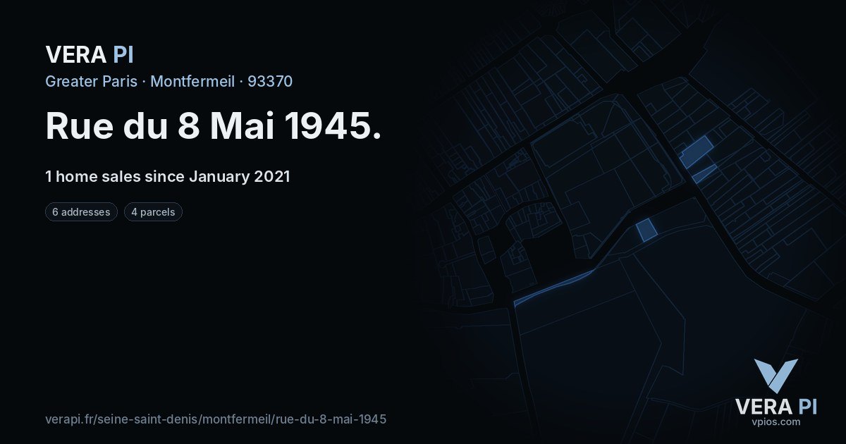 Rue du 8 Mai 1945, Montfermeil at night – every parcel coloured by the prices around it, the street's own parcels lit