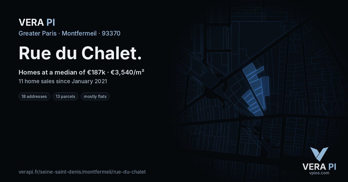 Rue du Chalet, Montfermeil at night – every parcel coloured by the prices around it, the street's own parcels lit