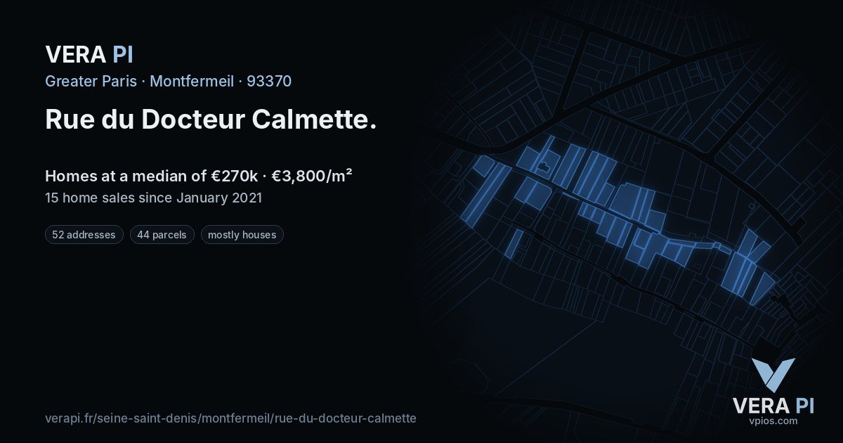 Rue du Docteur Calmette, Montfermeil at night – every parcel coloured by the prices around it, the street's own parcels lit
