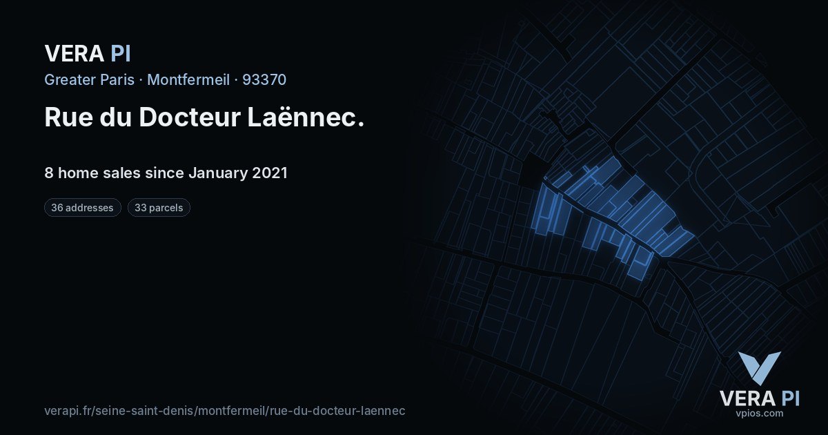 Rue du Docteur Laënnec, Montfermeil at night – every parcel coloured by the prices around it, the street's own parcels lit