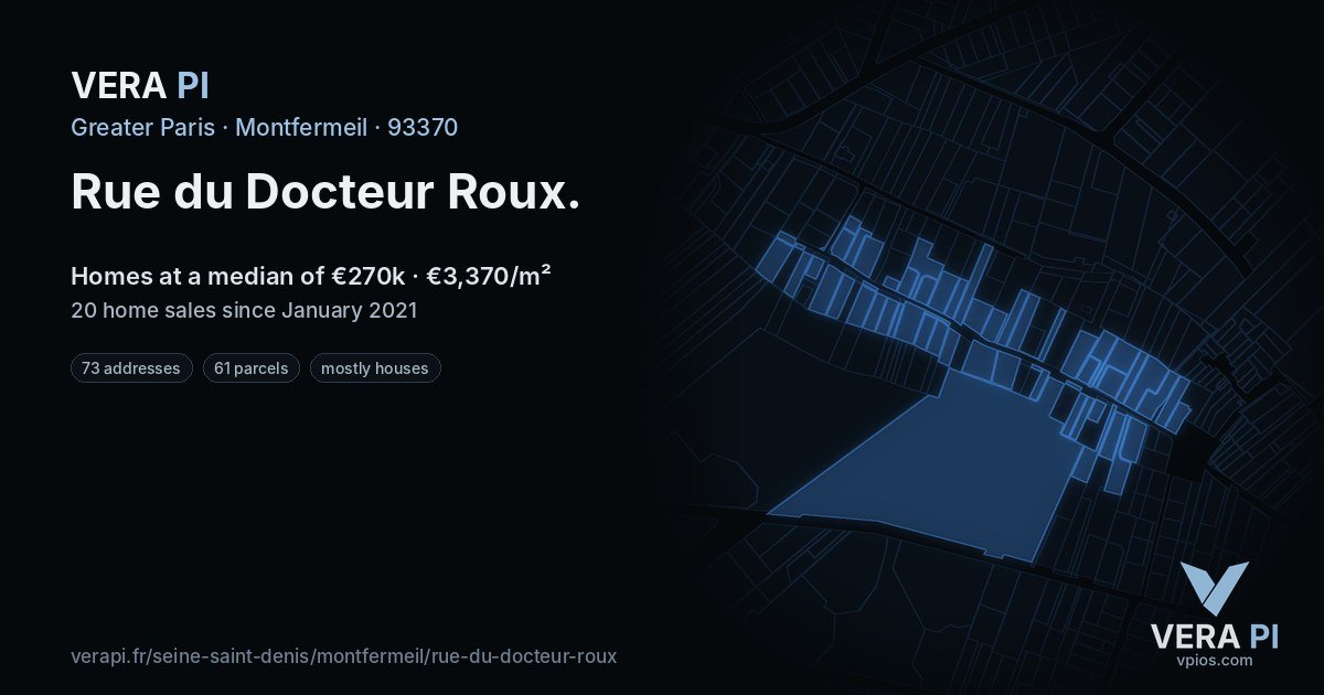 Rue du Docteur Roux, Montfermeil at night – every parcel coloured by the prices around it, the street's own parcels lit