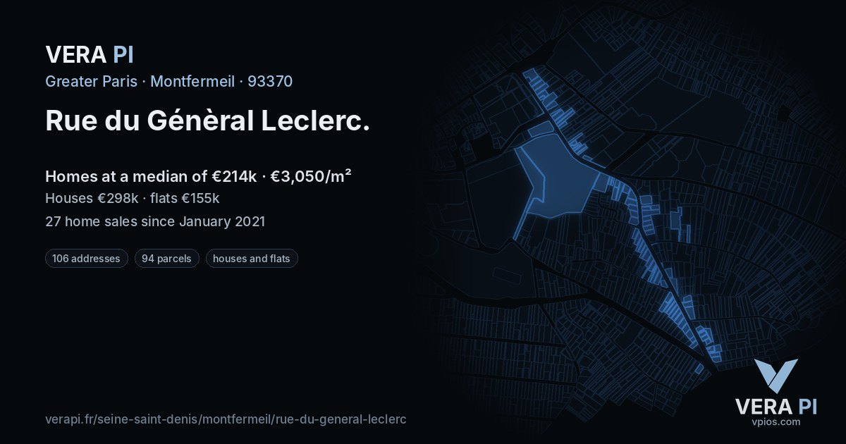 Rue du Génèral Leclerc, Montfermeil at night – every parcel coloured by the prices around it, the street's own parcels lit