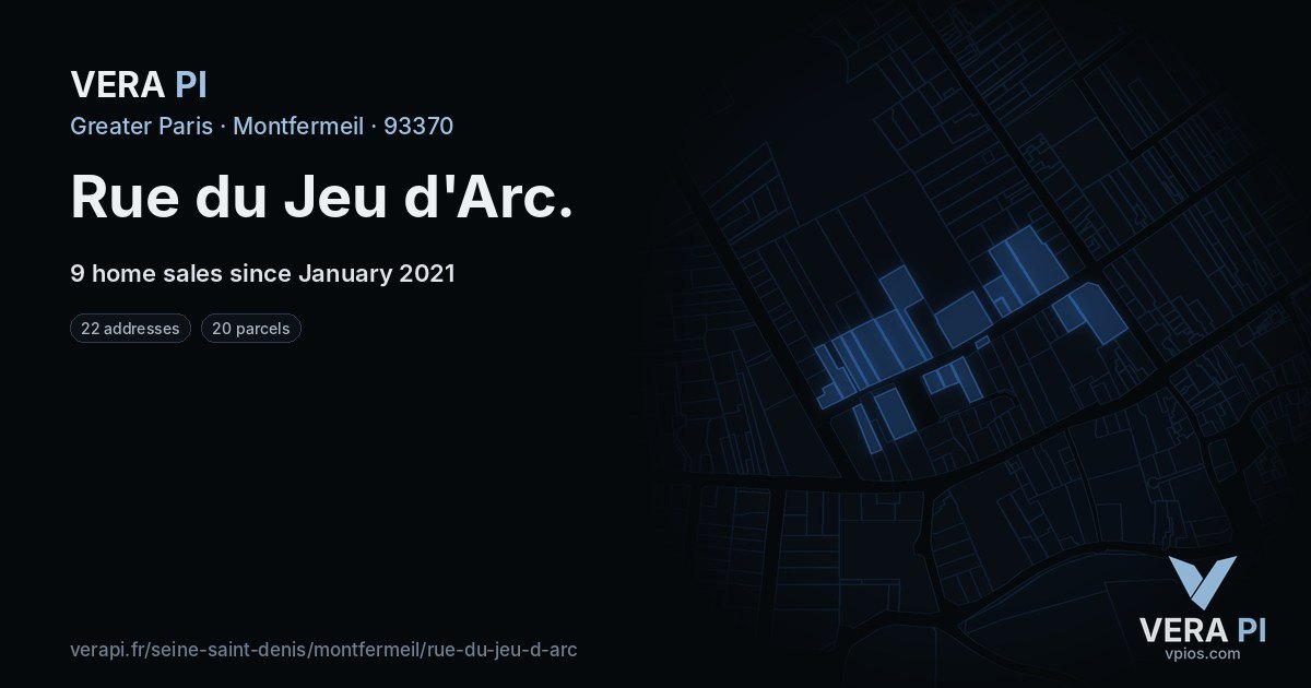 Rue du Jeu d'Arc, Montfermeil at night – every parcel coloured by the prices around it, the street's own parcels lit