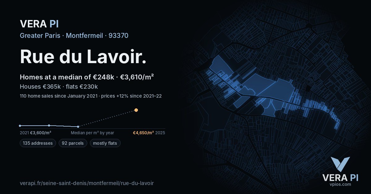 Rue du Lavoir, Montfermeil at night – every parcel coloured by the prices around it, the street's own parcels lit