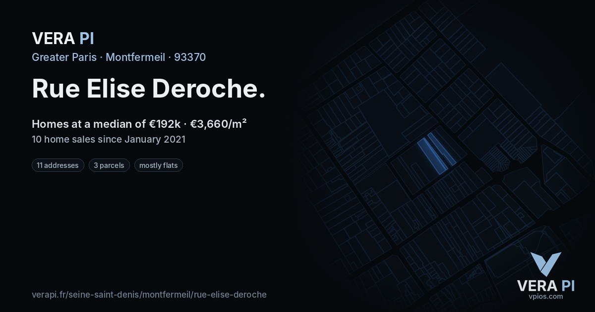 Rue Elise Deroche, Montfermeil at night – every parcel coloured by the prices around it, the street's own parcels lit