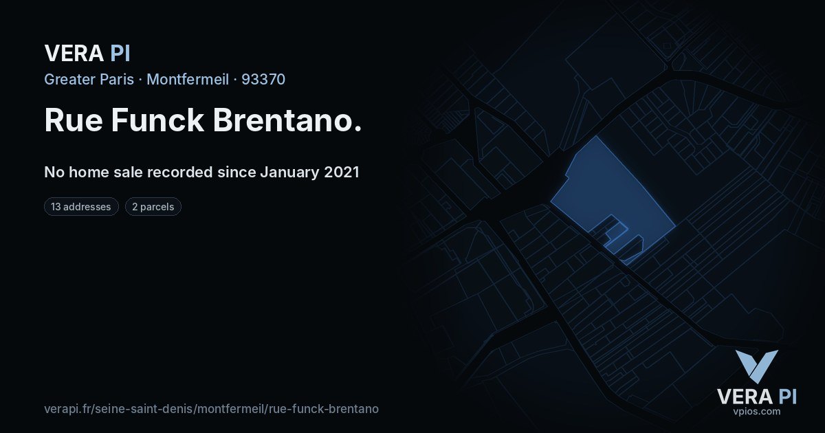Rue Funck Brentano, Montfermeil at night – every parcel coloured by the prices around it, the street's own parcels lit
