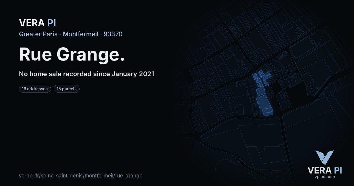 Rue Grange, Montfermeil at night – every parcel coloured by the prices around it, the street's own parcels lit