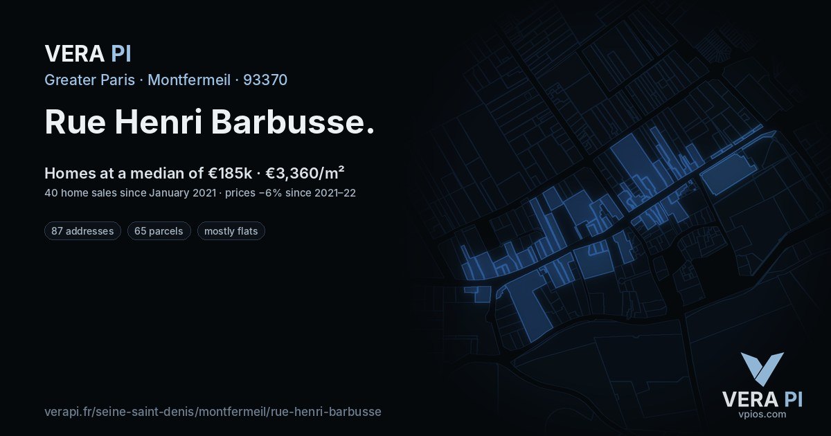Rue Henri Barbusse, Montfermeil at night – every parcel coloured by the prices around it, the street's own parcels lit