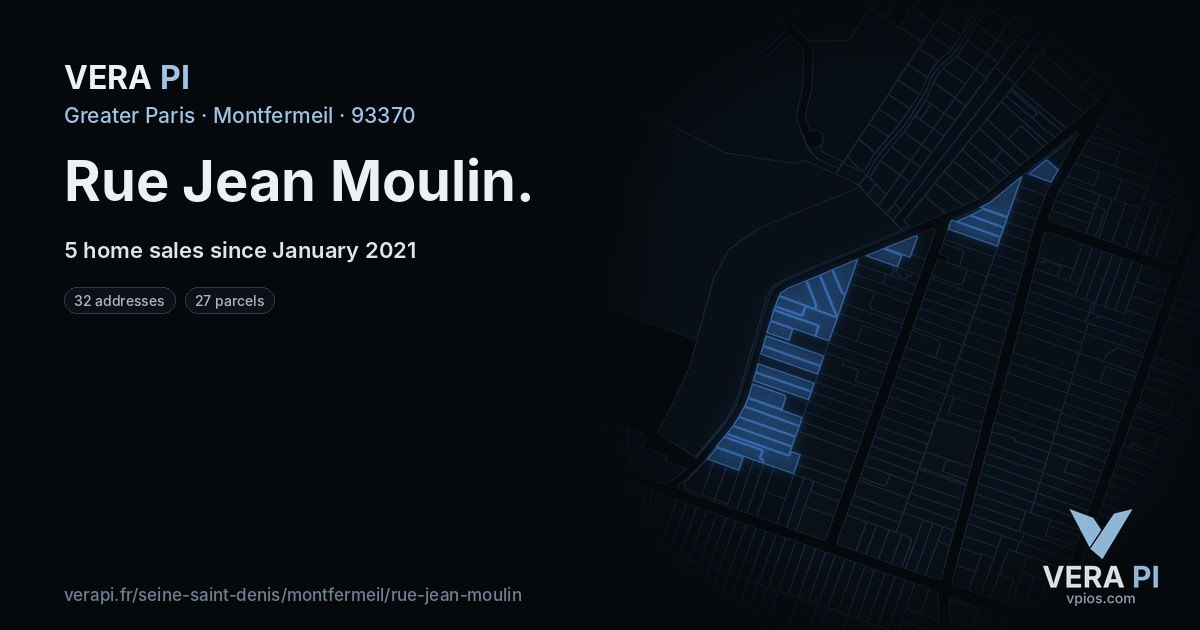 Rue Jean Moulin, Montfermeil at night – every parcel coloured by the prices around it, the street's own parcels lit
