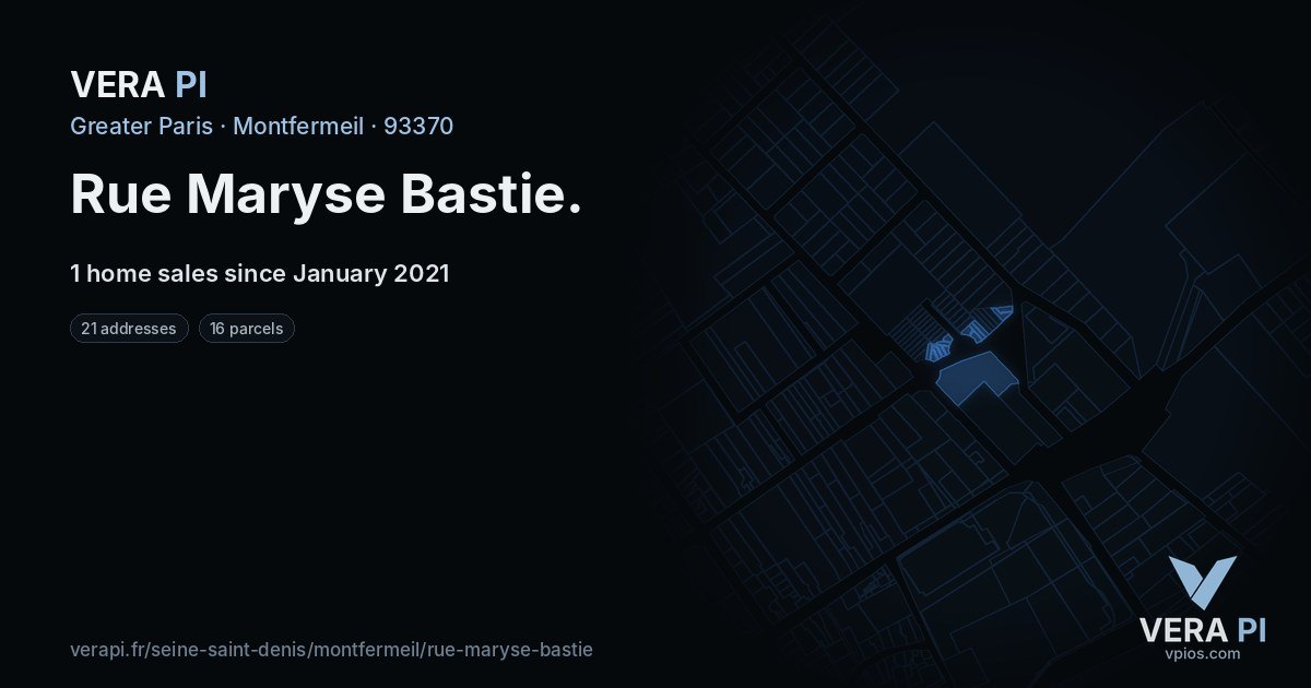 Rue Maryse Bastie, Montfermeil at night – every parcel coloured by the prices around it, the street's own parcels lit