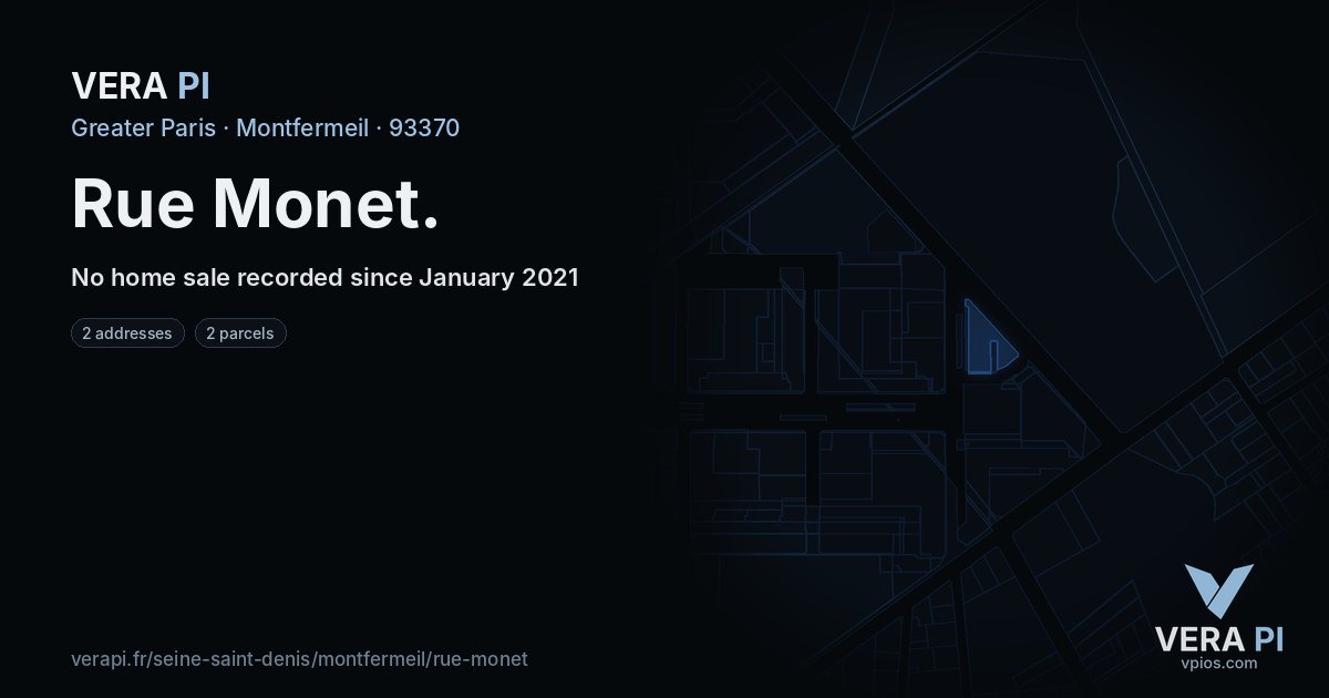 Rue Monet, Montfermeil at night – every parcel coloured by the prices around it, the street's own parcels lit