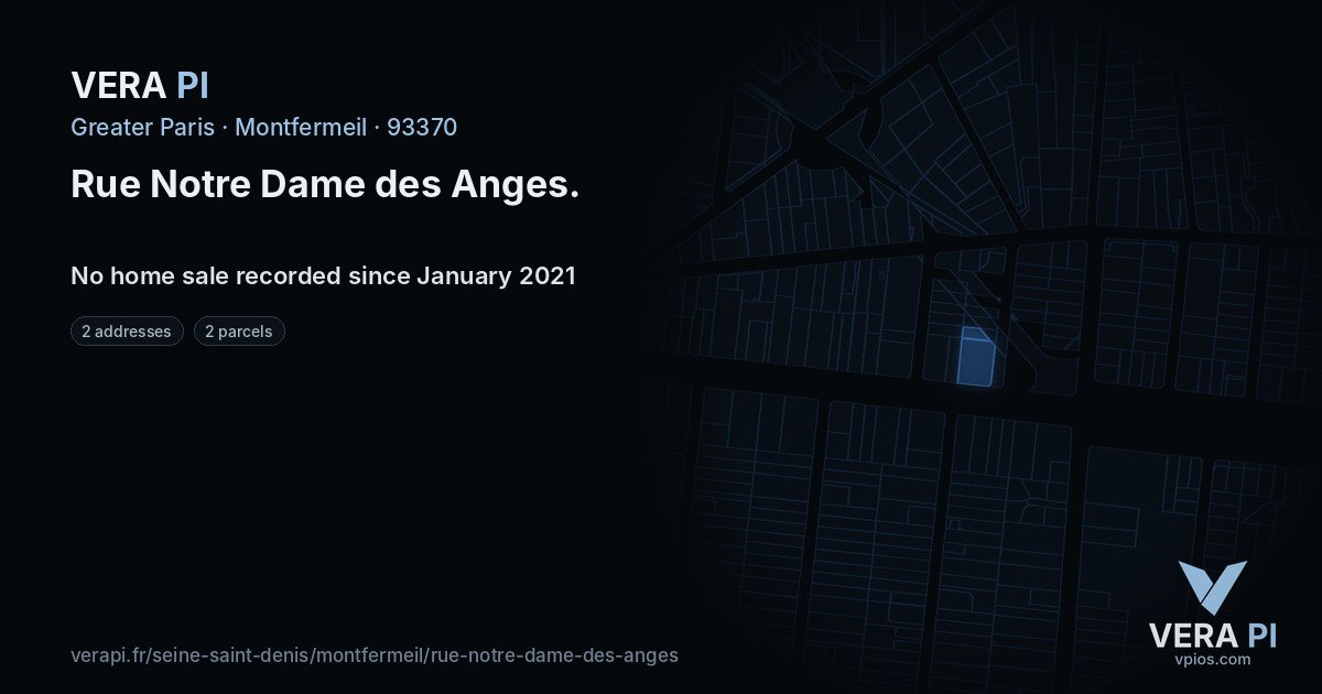Rue Notre Dame des Anges, Montfermeil at night – every parcel coloured by the prices around it, the street's own parcels lit