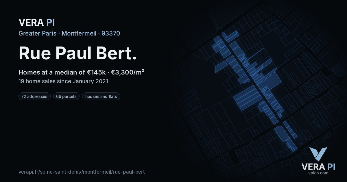 Rue Paul Bert, Montfermeil at night – every parcel coloured by the prices around it, the street's own parcels lit