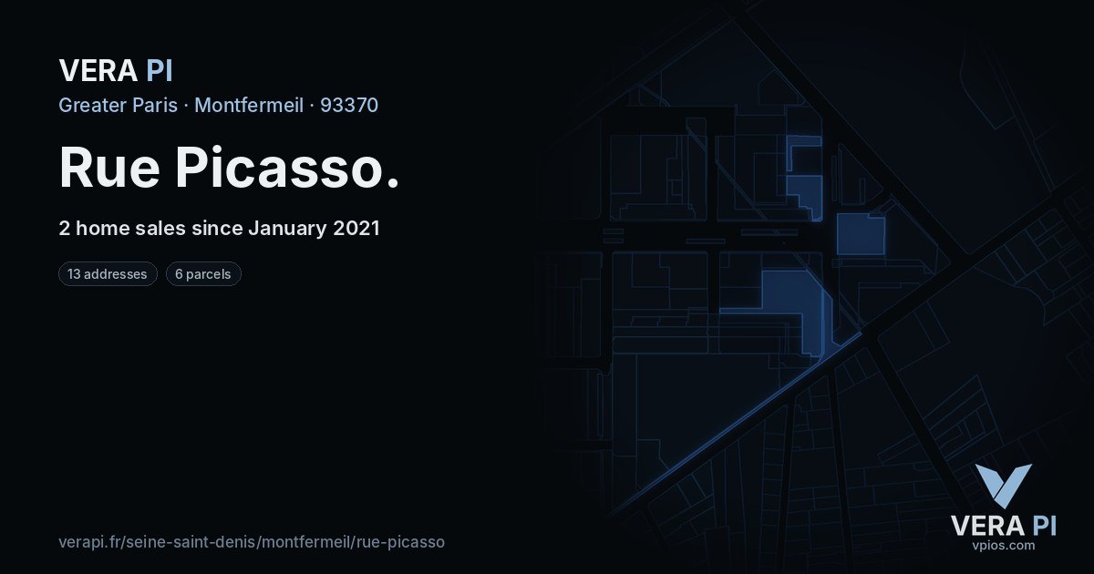 Rue Picasso, Montfermeil at night – every parcel coloured by the prices around it, the street's own parcels lit