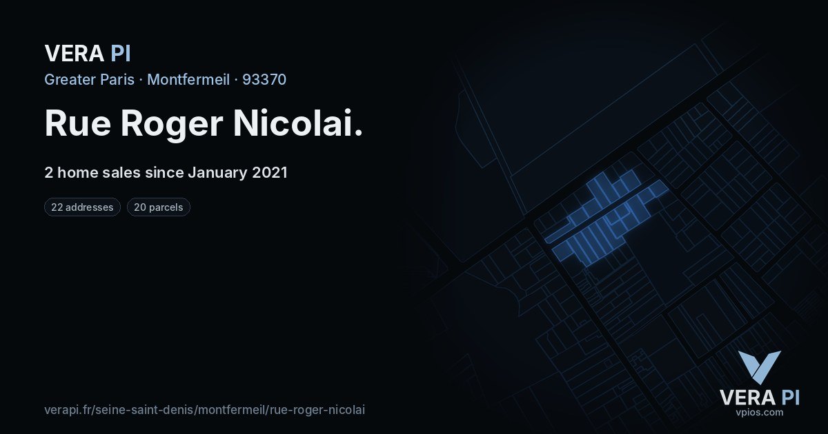 Rue Roger Nicolai, Montfermeil at night – every parcel coloured by the prices around it, the street's own parcels lit