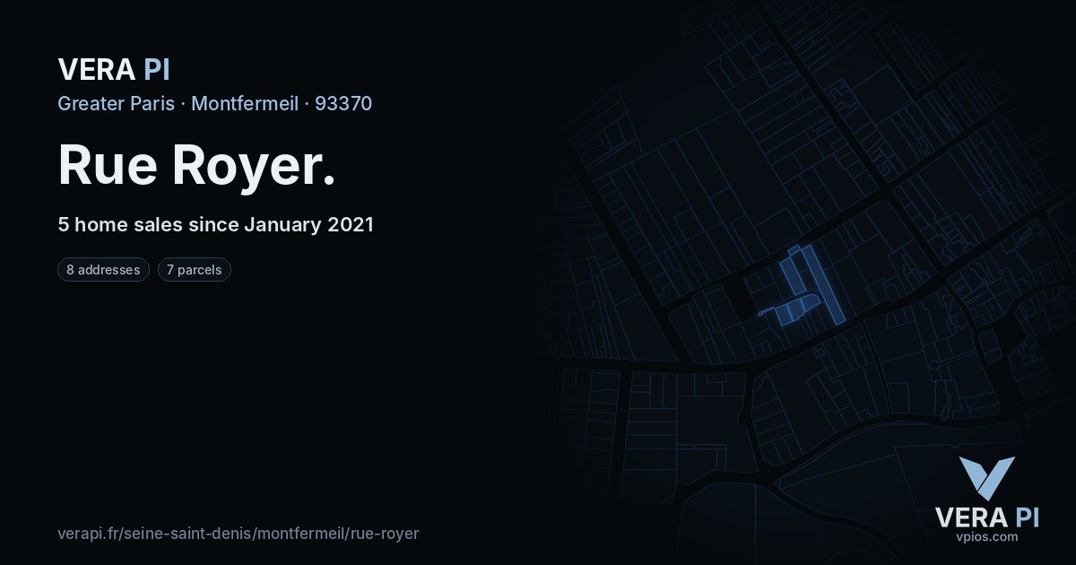 Rue Royer, Montfermeil at night – every parcel coloured by the prices around it, the street's own parcels lit