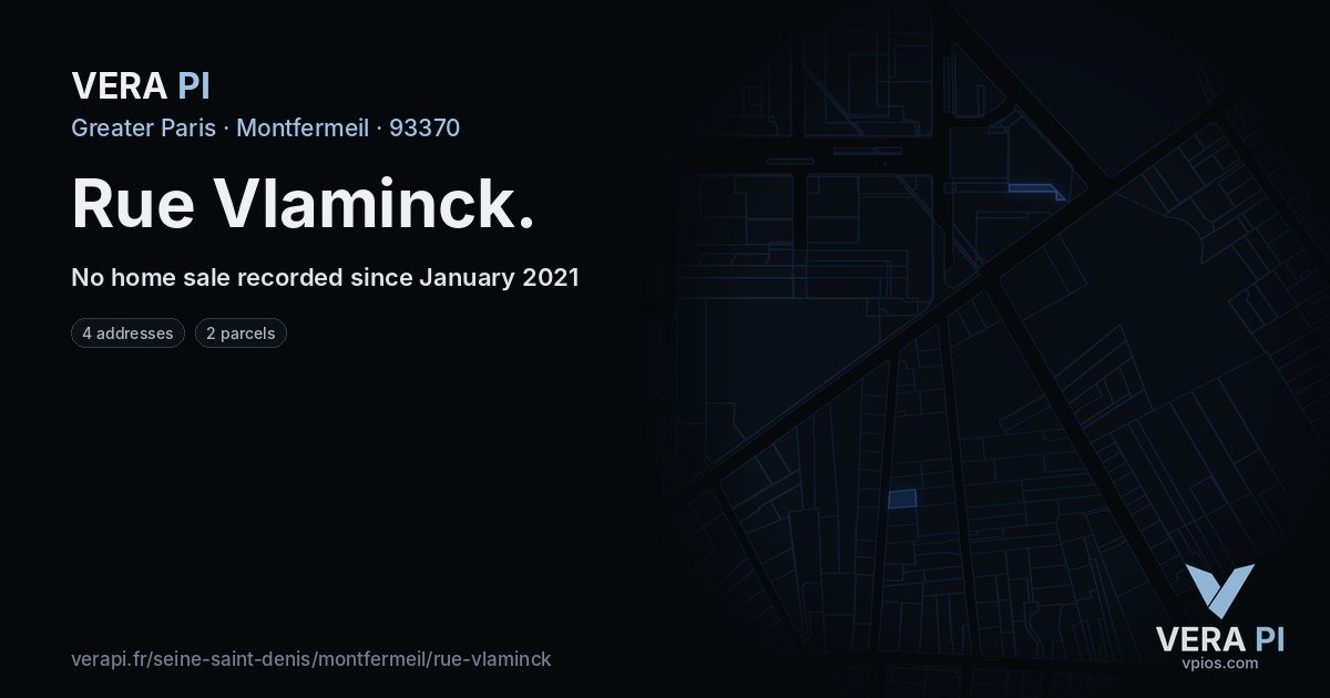 Rue Vlaminck, Montfermeil at night – every parcel coloured by the prices around it, the street's own parcels lit