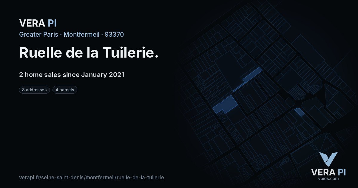 Ruelle de la Tuilerie, Montfermeil at night – every parcel coloured by the prices around it, the street's own parcels lit