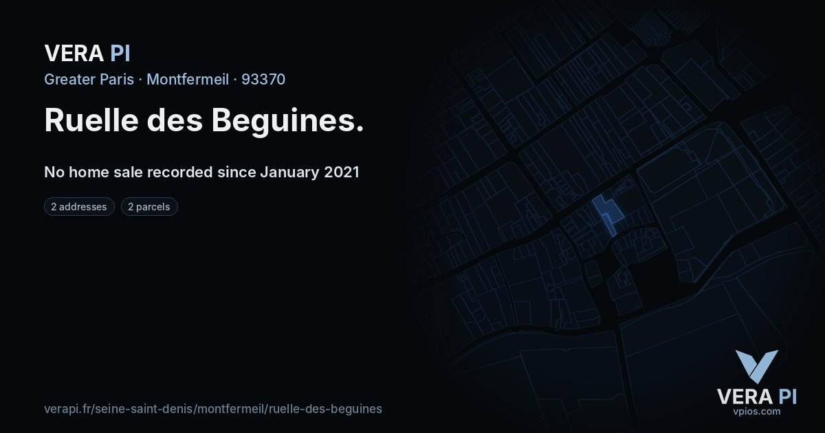 Ruelle des Beguines, Montfermeil at night – every parcel coloured by the prices around it, the street's own parcels lit