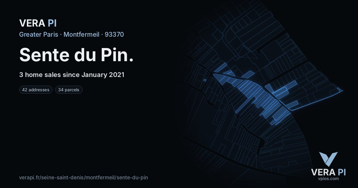 Sente du Pin, Montfermeil at night – every parcel coloured by the prices around it, the street's own parcels lit