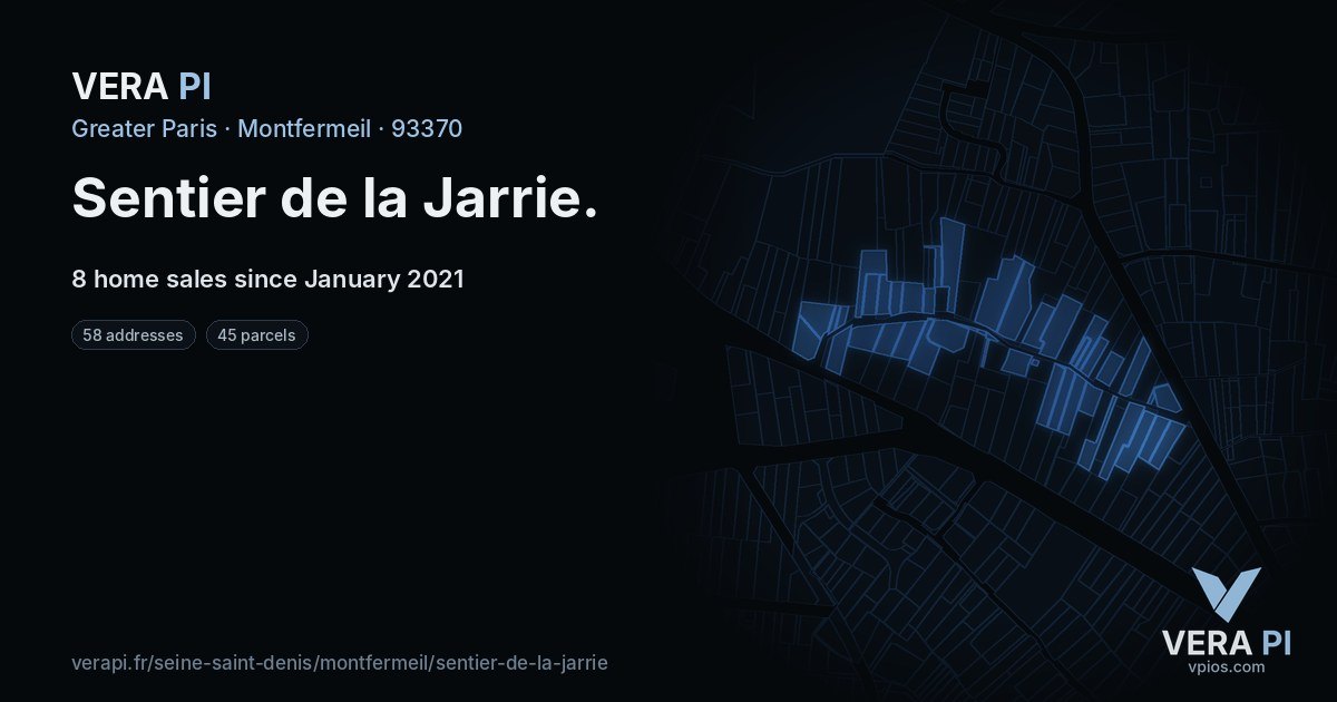 Sentier de la Jarrie, Montfermeil at night – every parcel coloured by the prices around it, the street's own parcels lit