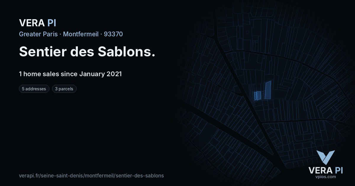 Sentier des Sablons, Montfermeil at night – every parcel coloured by the prices around it, the street's own parcels lit