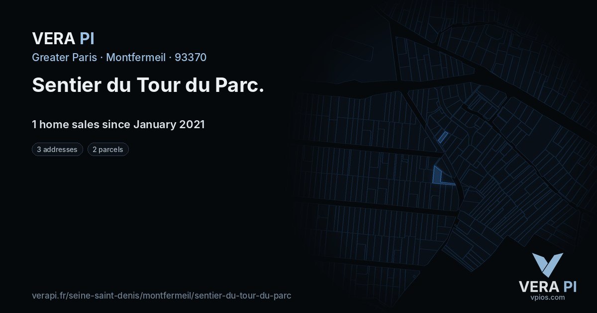Sentier du Tour du Parc, Montfermeil at night – every parcel coloured by the prices around it, the street's own parcels lit
