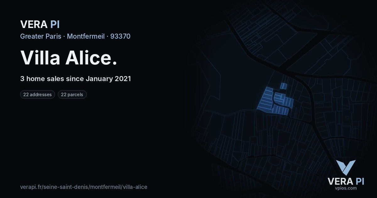 Villa Alice, Montfermeil at night – every parcel coloured by the prices around it, the street's own parcels lit