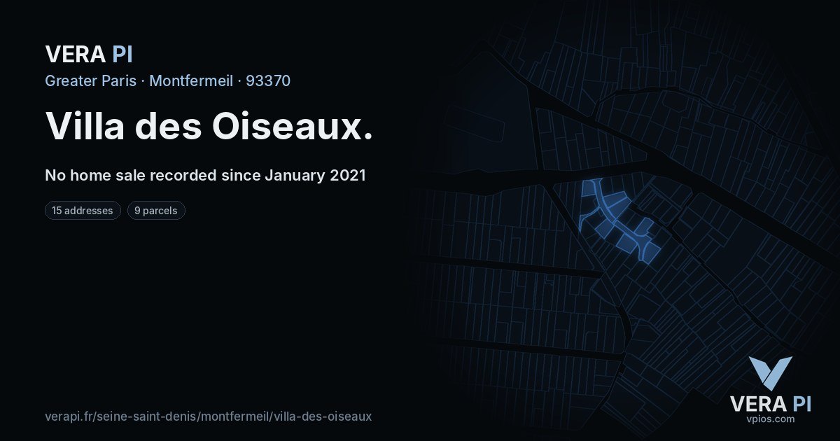 Villa des Oiseaux, Montfermeil at night – every parcel coloured by the prices around it, the street's own parcels lit