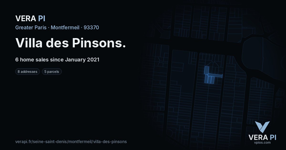 Villa des Pinsons, Montfermeil at night – every parcel coloured by the prices around it, the street's own parcels lit