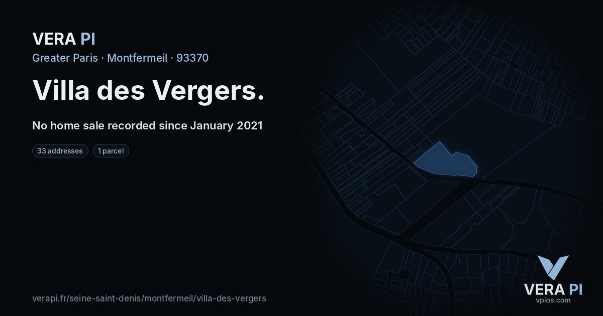 Villa des Vergers, Montfermeil at night – every parcel coloured by the prices around it, the street's own parcels lit