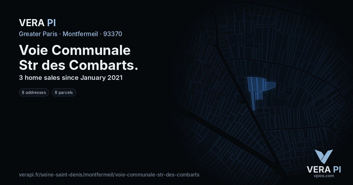 Voie Communale Str des Combarts, Montfermeil at night – every parcel coloured by the prices around it, the street's own parcels lit