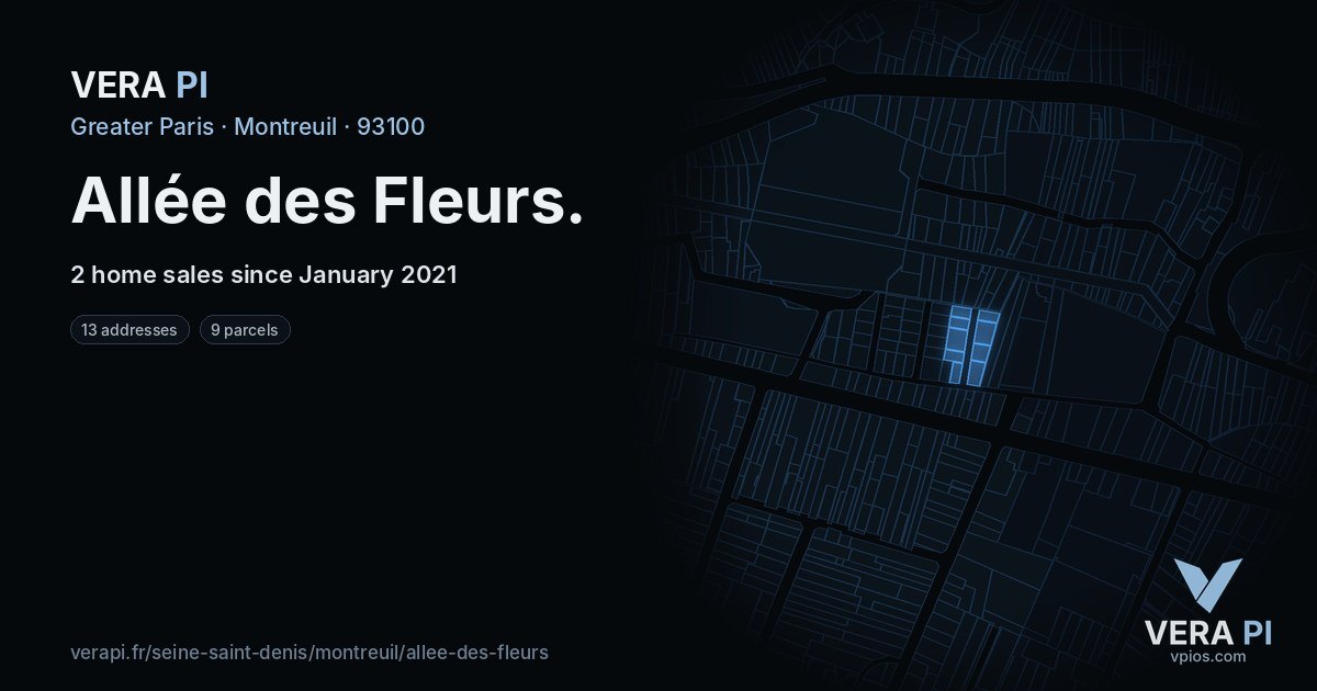 Allée des Fleurs, Montreuil at night – every parcel coloured by the prices around it, the street's own parcels lit