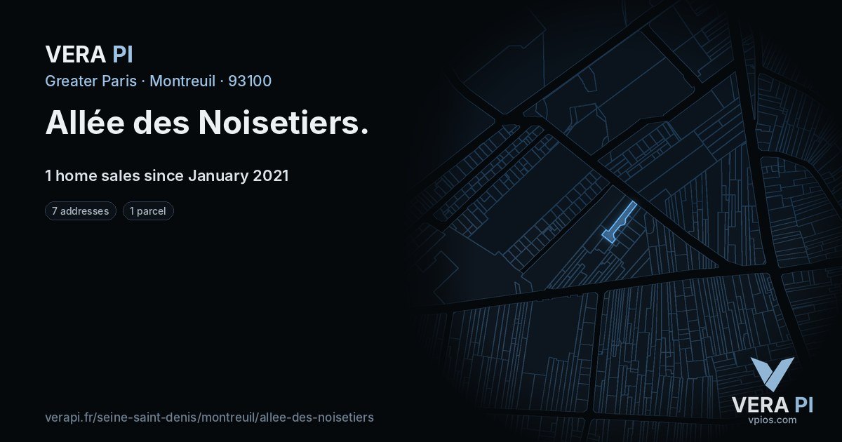 Allée des Noisetiers, Montreuil at night – every parcel coloured by the prices around it, the street's own parcels lit