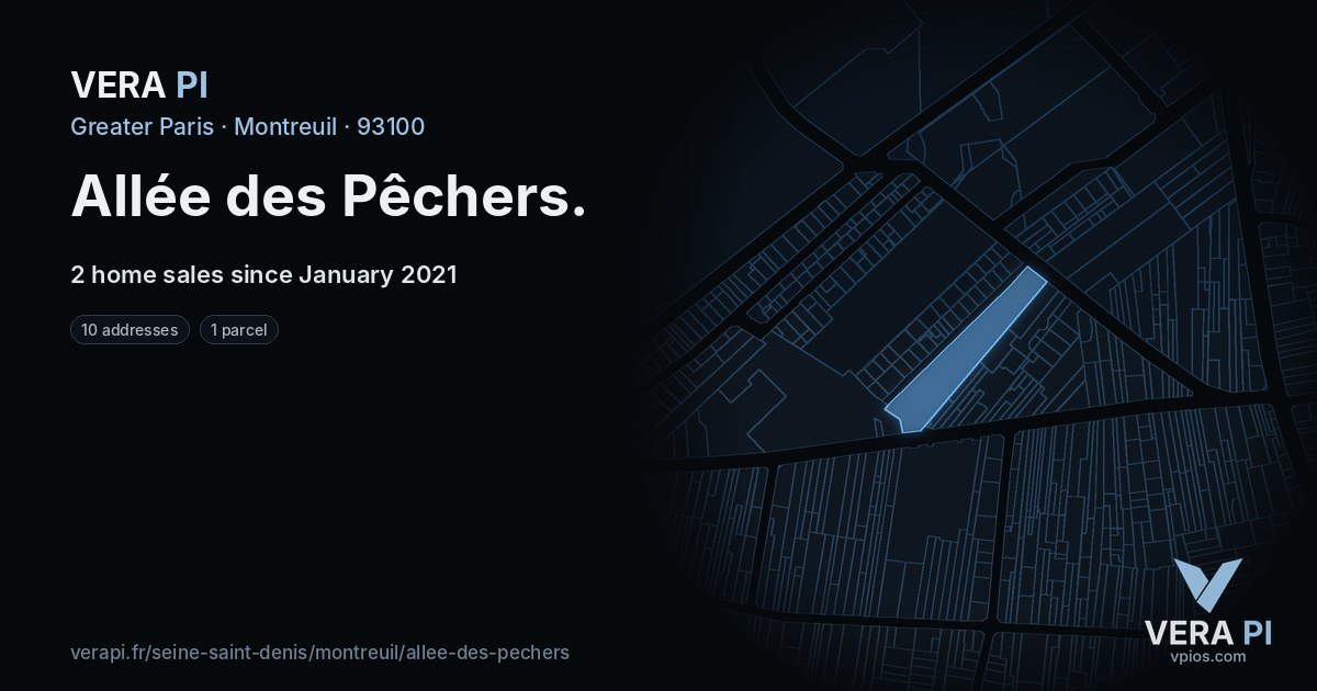 Allée des Pêchers, Montreuil at night – every parcel coloured by the prices around it, the street's own parcels lit