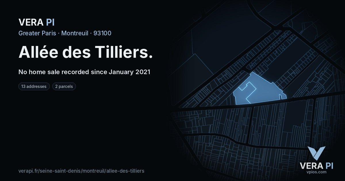 Allée des Tilliers, Montreuil at night – every parcel coloured by the prices around it, the street's own parcels lit