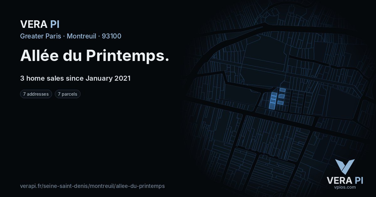 Allée du Printemps, Montreuil at night – every parcel coloured by the prices around it, the street's own parcels lit