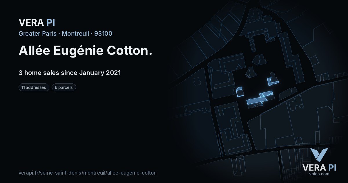 Allée Eugénie Cotton, Montreuil at night – every parcel coloured by the prices around it, the street's own parcels lit