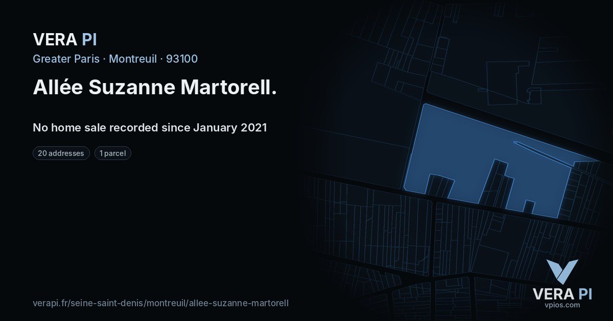 Allée Suzanne Martorell, Montreuil at night – every parcel coloured by the prices around it, the street's own parcels lit