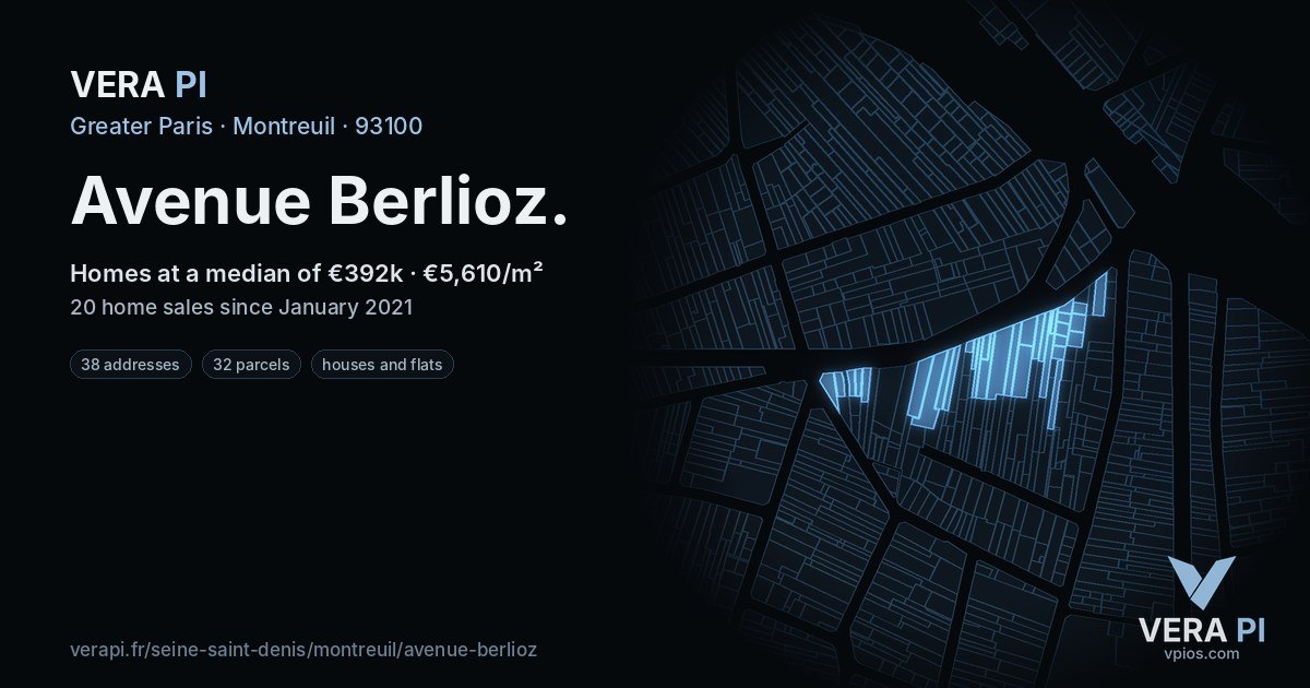 Avenue Berlioz, Montreuil at night – every parcel coloured by the prices around it, the street's own parcels lit