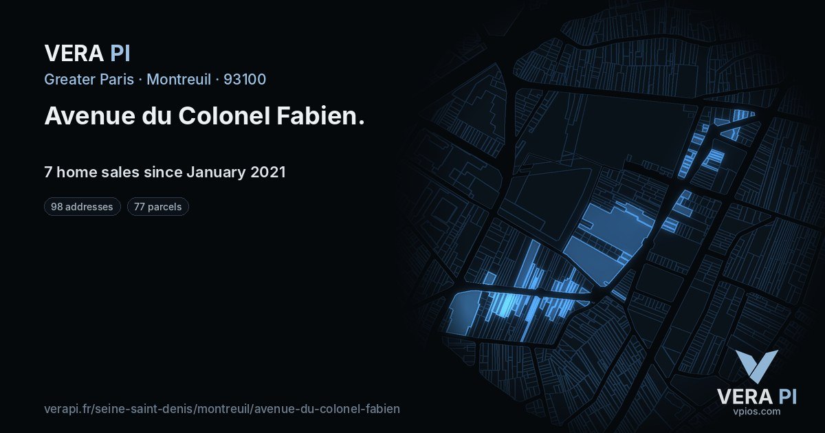 Avenue du Colonel Fabien, Montreuil at night – every parcel coloured by the prices around it, the street's own parcels lit