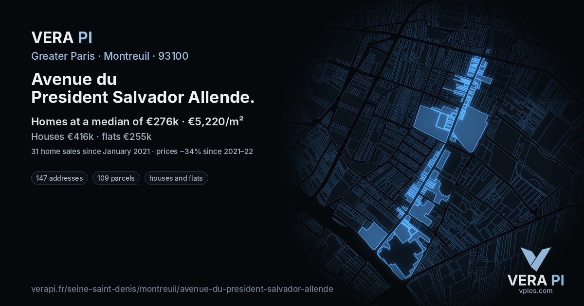 Avenue du President Salvador Allende, Montreuil at night – every parcel coloured by the prices around it, the street's own parcels lit