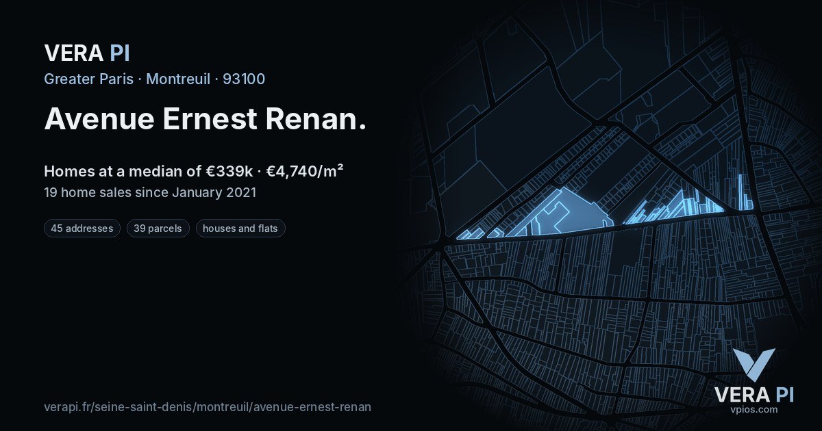 Avenue Ernest Renan, Montreuil at night – every parcel coloured by the prices around it, the street's own parcels lit