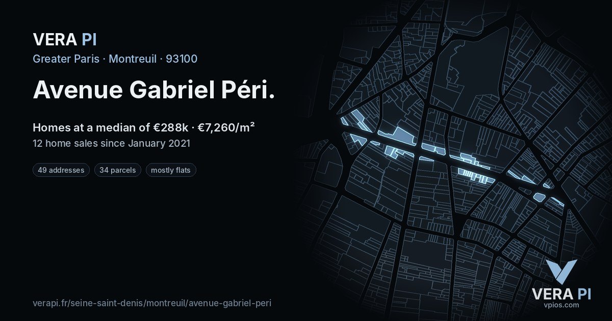 Avenue Gabriel Péri, Montreuil at night – every parcel coloured by the prices around it, the street's own parcels lit
