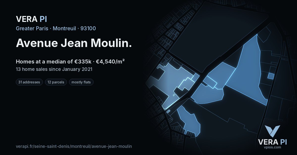 Avenue Jean Moulin, Montreuil at night – every parcel coloured by the prices around it, the street's own parcels lit